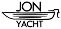 Black "JON YACHT" logo sticker with a stylized jon boat and outboard motor design.
