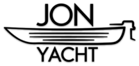 Black "JON YACHT" logo sticker with a stylized jon boat and outboard motor design.