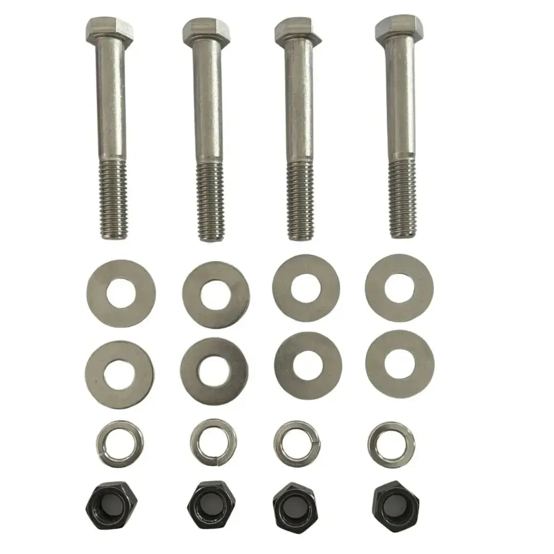 Four stainless steel bolts, eight flat washers, four lock washers, and four nuts for jackplate mounting.