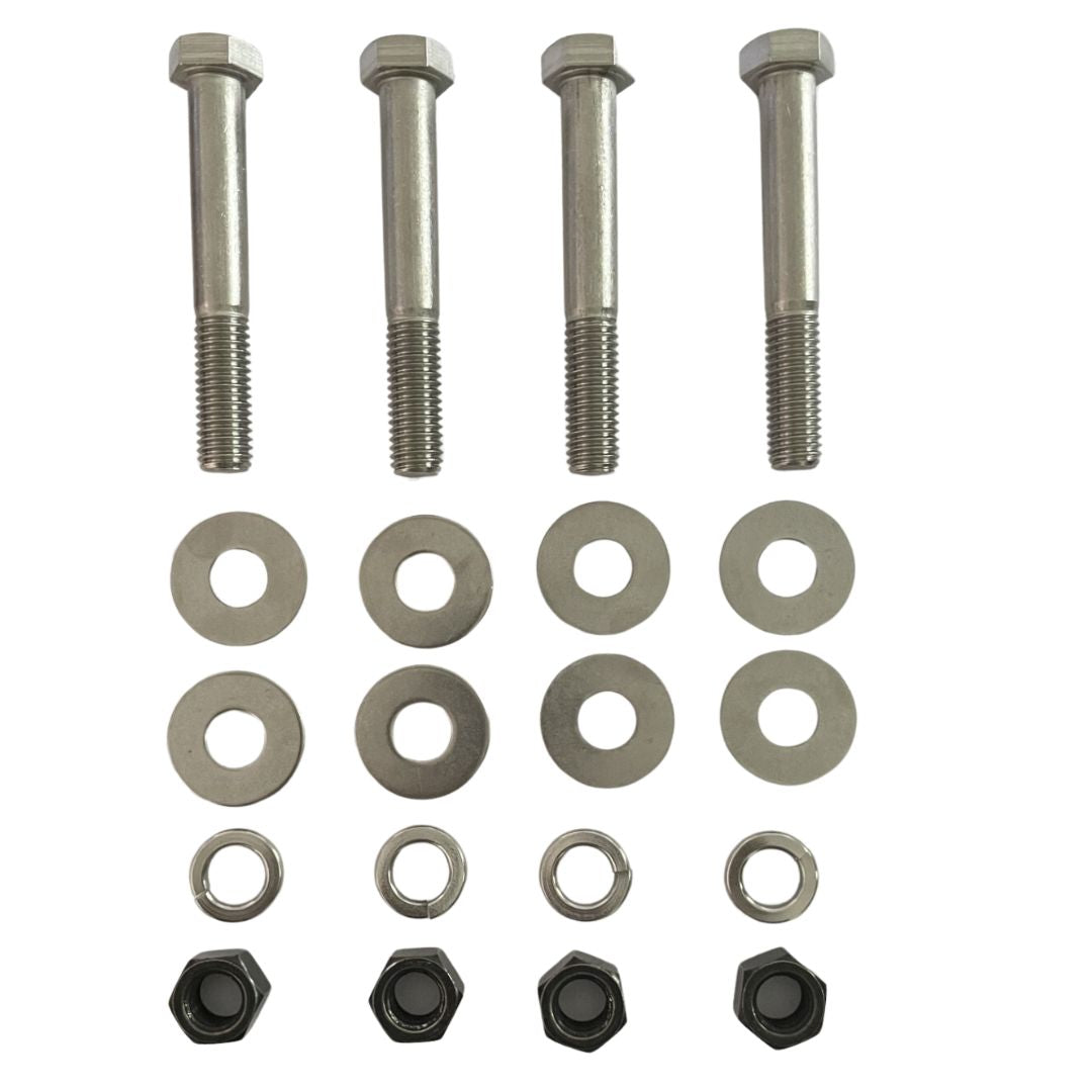 Four 316 stainless steel 1/2" x 3 1/2" mounting bolts with washers and lock washers.