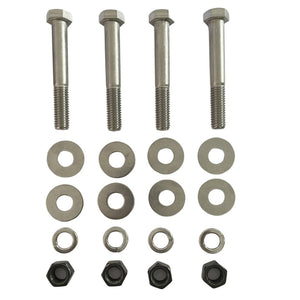 Four stainless steel bolts, eight flat washers, four lock washers, and four nuts for jackplate mounting.
