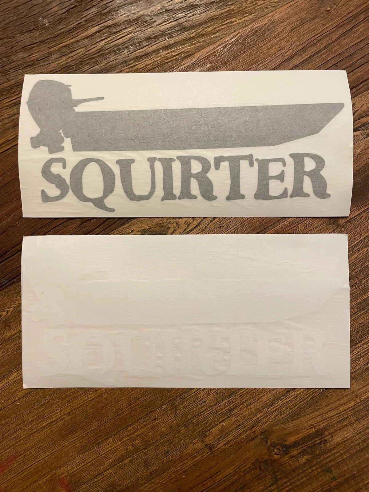 Gray "SQUIRTER" boat decal, 8" UV protected outdoor vinyl.