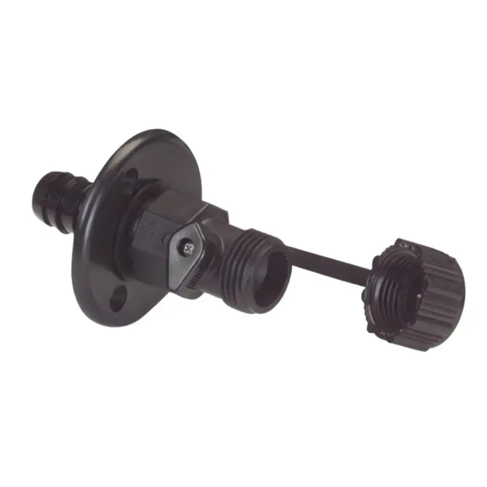 Black Johnson Pump bulkhead fitting for 3/4" hose with ribbed cap and mounting flange.