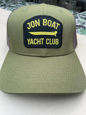 Olive green Jon Boat Yacht Club hat with a black and yellow embroidered patch, featuring a mesh back.