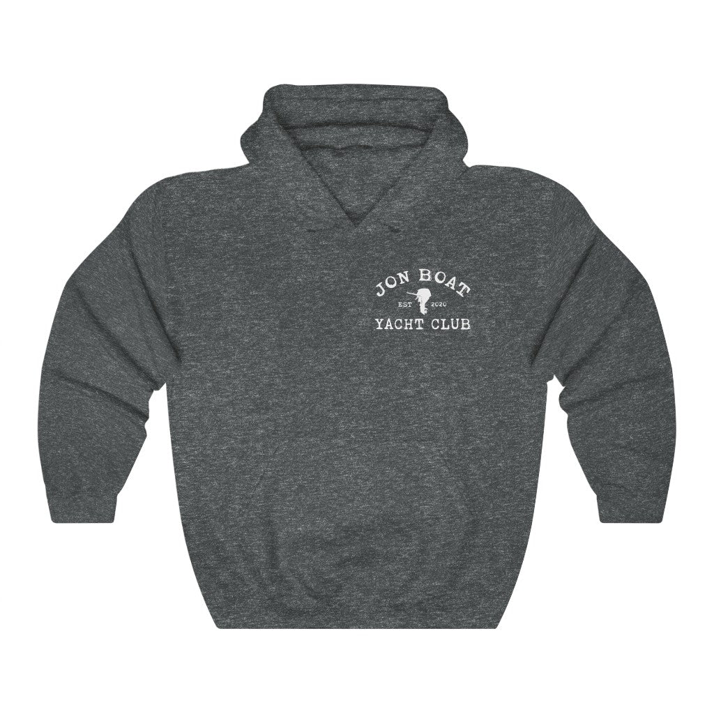 Dark gray Jon Boat Yacht Club hoodie with white logo, kangaroo pocket, and matching drawstring.
