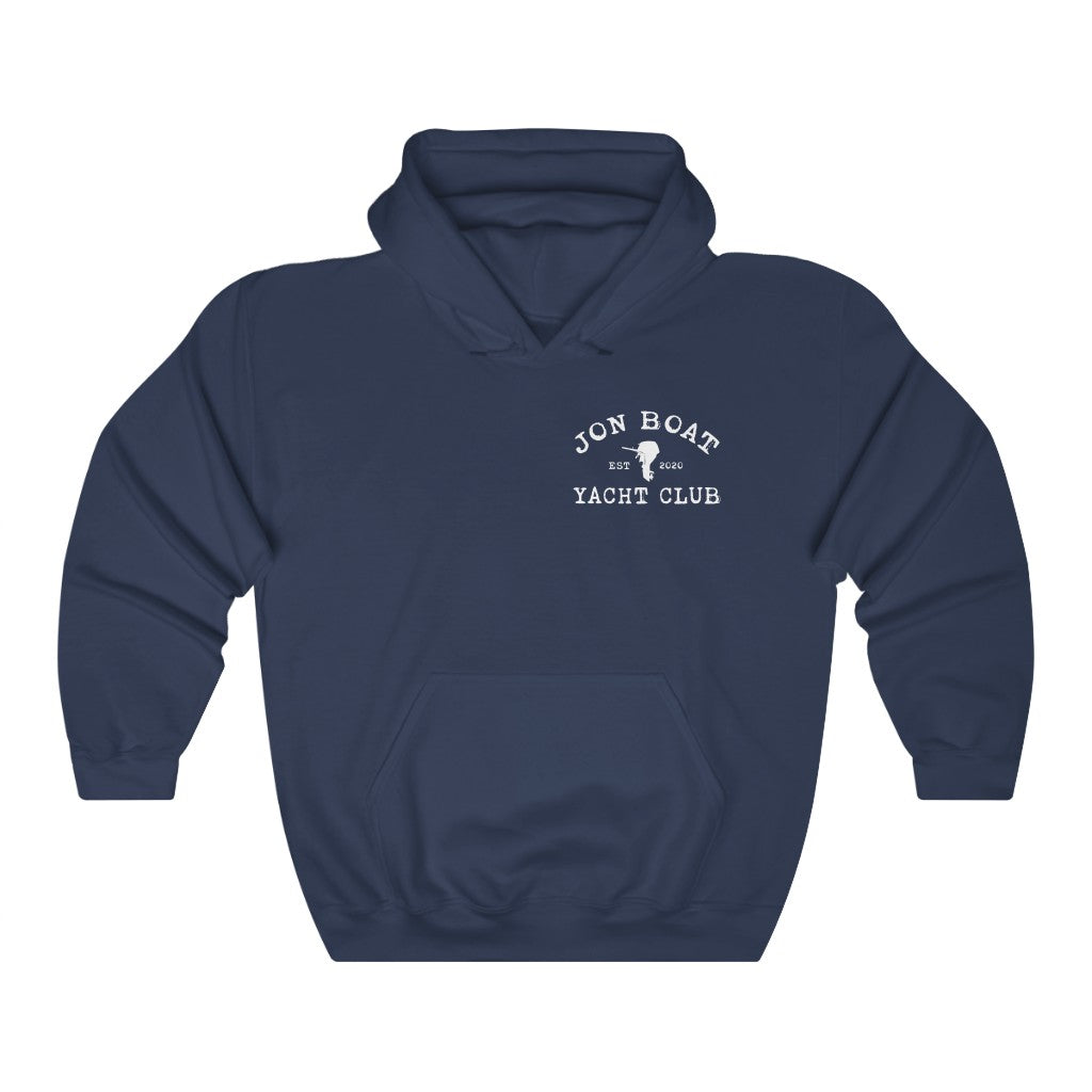 Navy blue cotton-polyester hoodie with "Jon Boat Yacht Club" logo and kangaroo pocket.