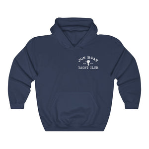 Navy blue cotton-polyester hoodie with "Jon Boat Yacht Club" logo and kangaroo pocket.