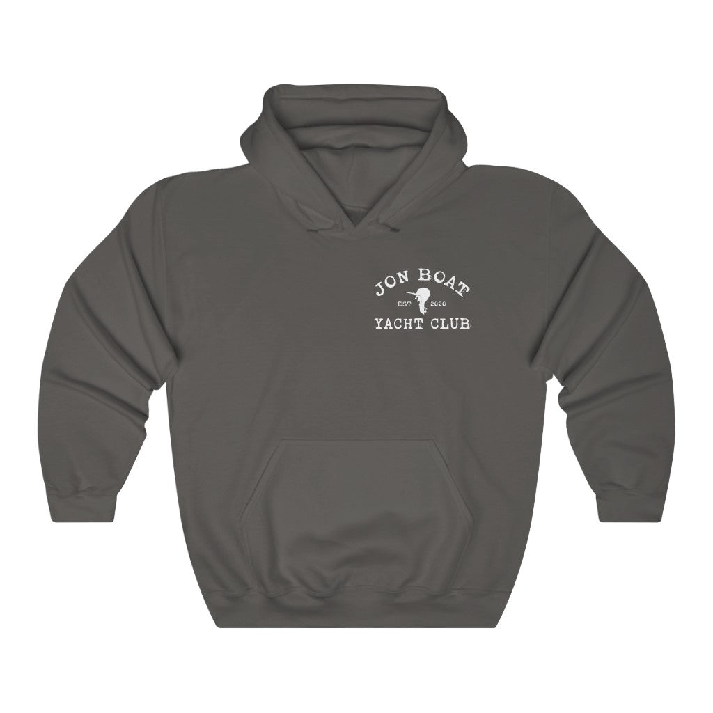 Charcoal gray cotton-polyester hoodie with "Jon Boat Yacht Club" logo and front kangaroo pocket.