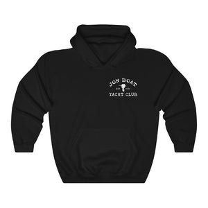 Black cotton-polyester hoodie with "Jon Boat Yacht Club" graphic, kangaroo pocket, and matching drawstring.
