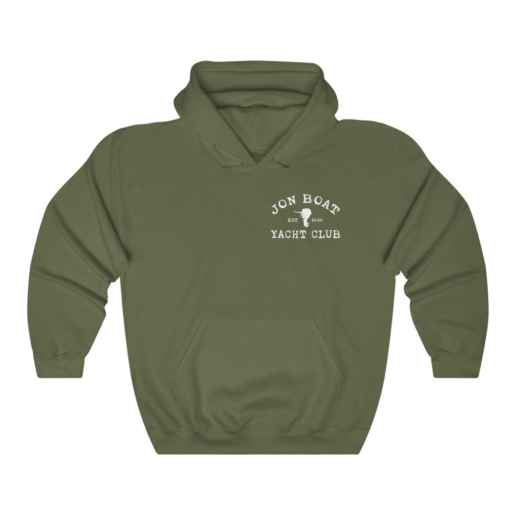 Olive green cotton-polyester hoodie with "Jon Boat Yacht Club" graphic and kangaroo pocket.