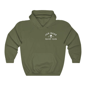 Olive green cotton-polyester hoodie with "Jon Boat Yacht Club" graphic and kangaroo pocket.