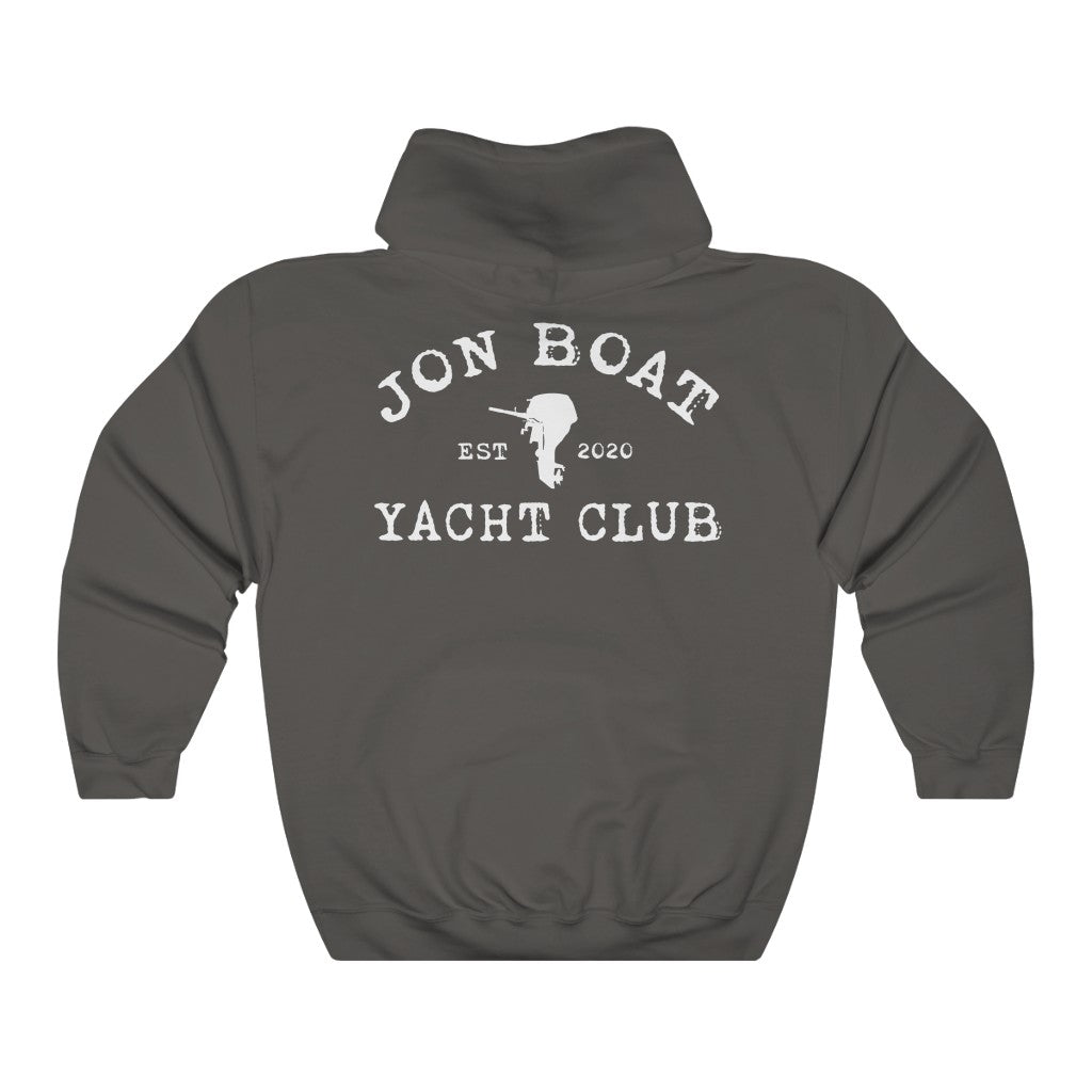 Charcoal gray cotton-polyester hoodie with "Jon Boat Yacht Club" and outboard motor graphic on back.