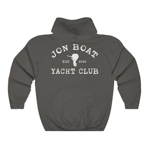 Charcoal gray cotton-polyester hoodie with "Jon Boat Yacht Club" and outboard motor graphic on back.