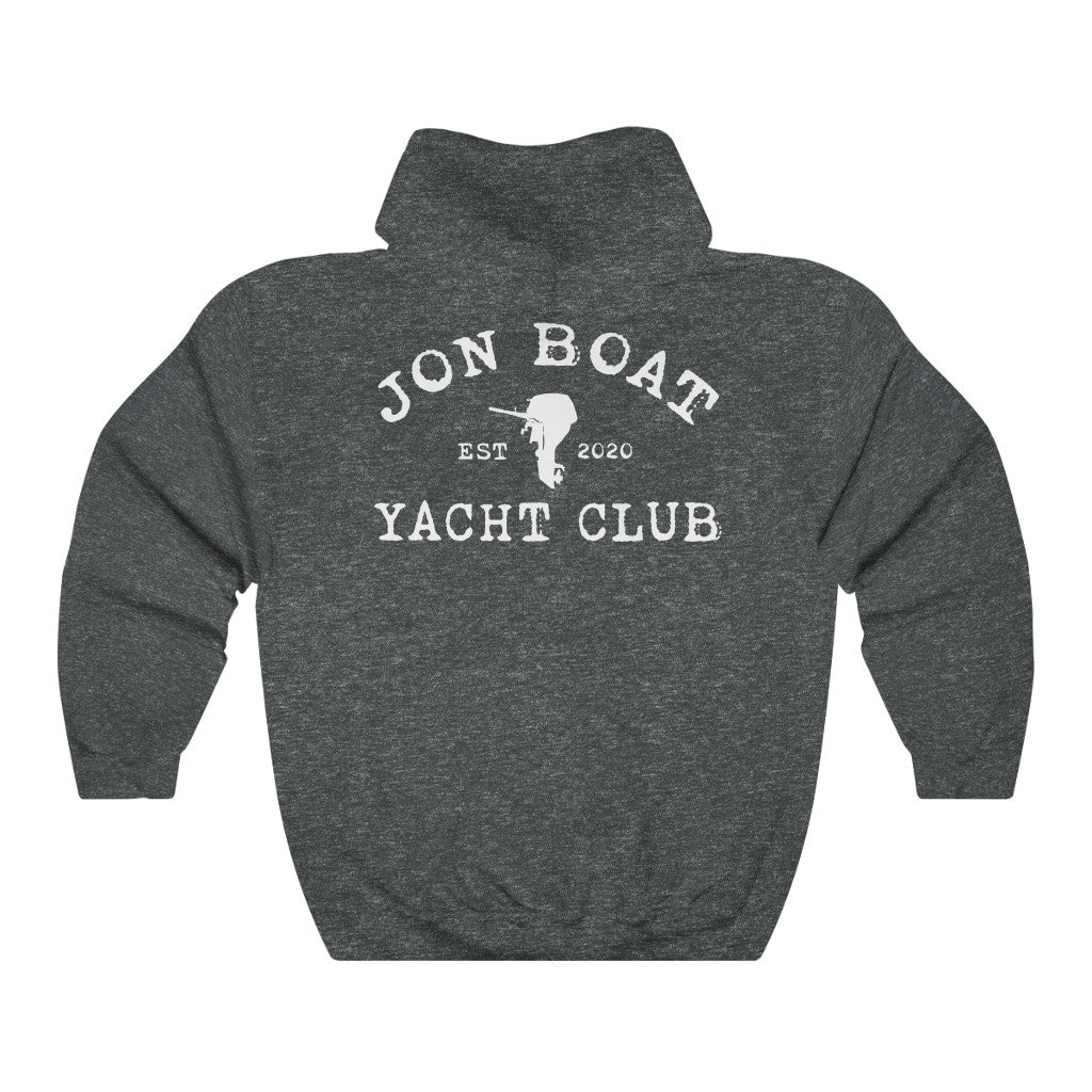 Dark gray cotton-polyester hoodie with "Jon Boat Yacht Club" and an outboard motor graphic in white.