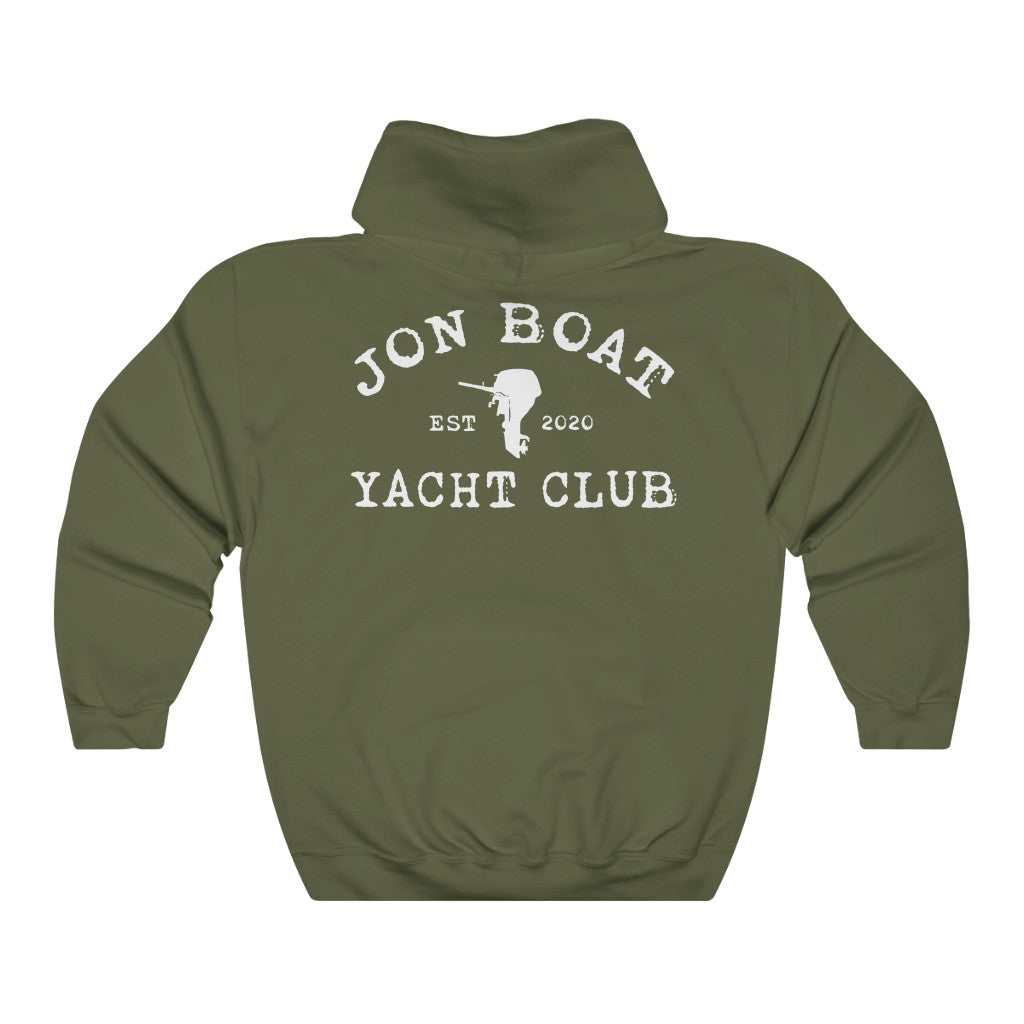 Olive green cotton-polyester hoodie with "Jon Boat Yacht Club" and boat motor graphic in white.