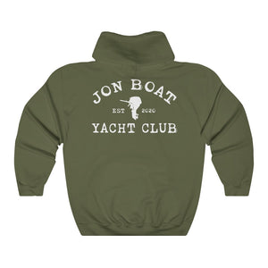 Olive green cotton-polyester hoodie with "Jon Boat Yacht Club" and boat motor graphic in white.