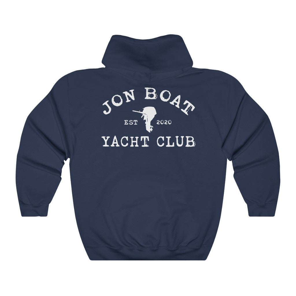 Navy blue cotton-polyester hoodie with "Jon Boat Yacht Club" and outboard motor graphic in white.