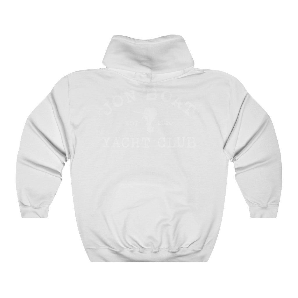 White cotton-polyester hoodie with "Jon Boat Yacht Club" graphic on back.