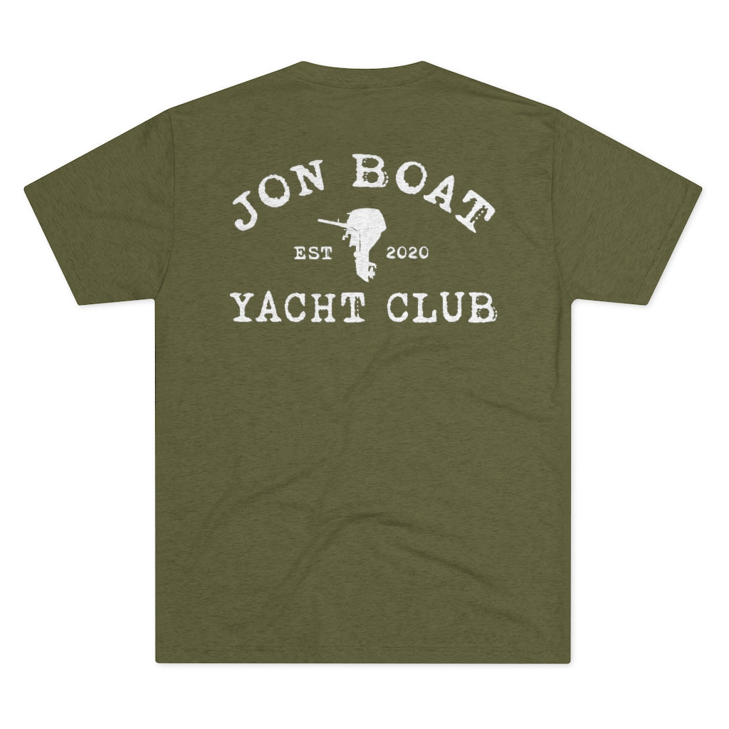 Olive green tri-blend t-shirt with "Jon Boat Yacht Club" and outboard motor graphic in distressed white.
