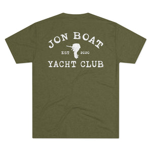 Olive green tri-blend t-shirt with "Jon Boat Yacht Club" and outboard motor graphic in distressed white.