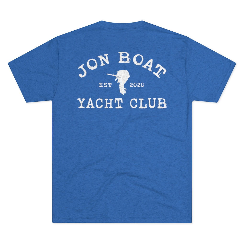 Blue tri-blend t-shirt with "Jon Boat Yacht Club" and an outboard motor graphic in white.