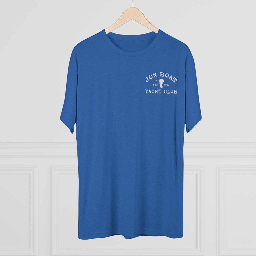 Blue tri-blend Jon Boat Yacht Club tee with white logo, hanging on a wooden hanger.