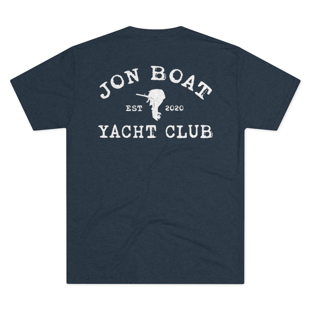Navy tri-blend tee with "Jon Boat Yacht Club EST 2020" and outboard motor graphic in distressed white.