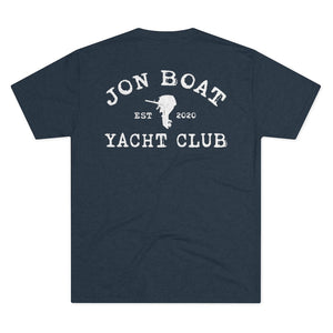 Navy tri-blend tee with "Jon Boat Yacht Club EST 2020" and outboard motor graphic in distressed white.