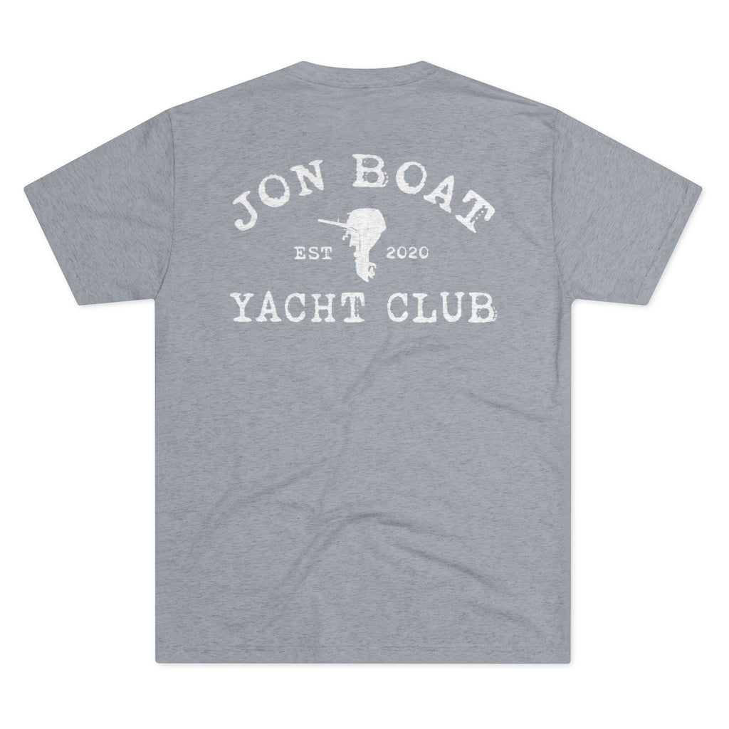 Light grey tri-blend t-shirt with "Jon Boat Yacht Club" and outboard motor graphic in white.
