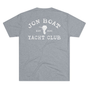 Light grey tri-blend t-shirt with "Jon Boat Yacht Club" and outboard motor graphic in white.