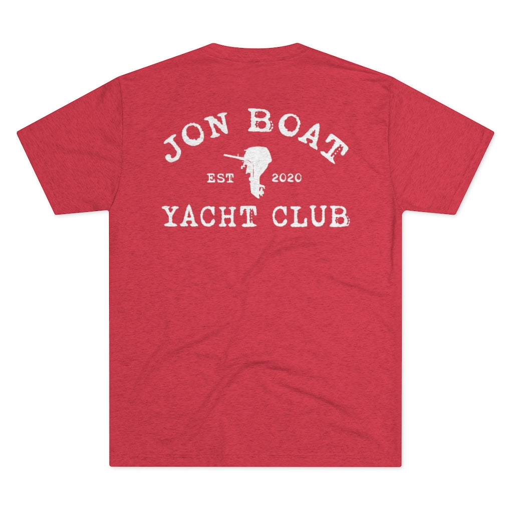 Red tri-blend regular fit tee with "Jon Boat Yacht Club EST 2020" and outboard motor graphic.