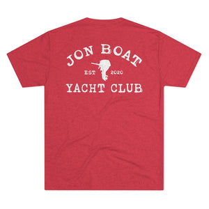 Red tri-blend regular fit tee with "Jon Boat Yacht Club EST 2020" and outboard motor graphic.