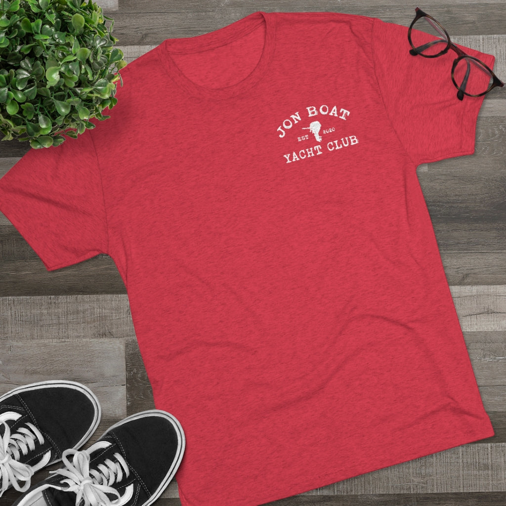 Red tri-blend regular fit tee with white "Jon Boat Yacht Club" logo on the left chest.
