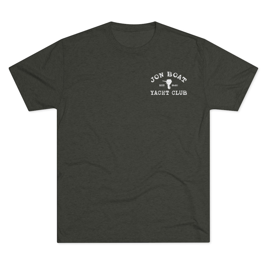 Dark gray tri-blend tee with "Jon Boat Yacht Club" and an outboard motor graphic in white.