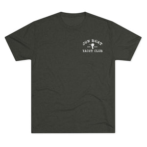 Dark gray tri-blend tee with "Jon Boat Yacht Club" and an outboard motor graphic in white.