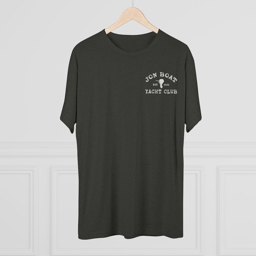 Dark gray tri-blend tee with "Jon Boat Yacht Club" logo in white on the left chest.