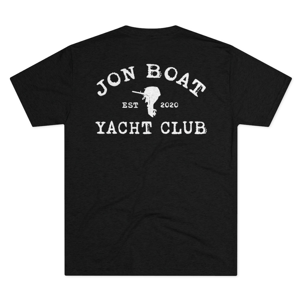 Black tri-blend t-shirt with "Jon Boat Yacht Club" and boat motor graphic in white.