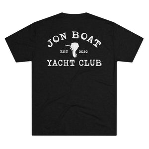 Black tri-blend t-shirt with "Jon Boat Yacht Club" and boat motor graphic in white.