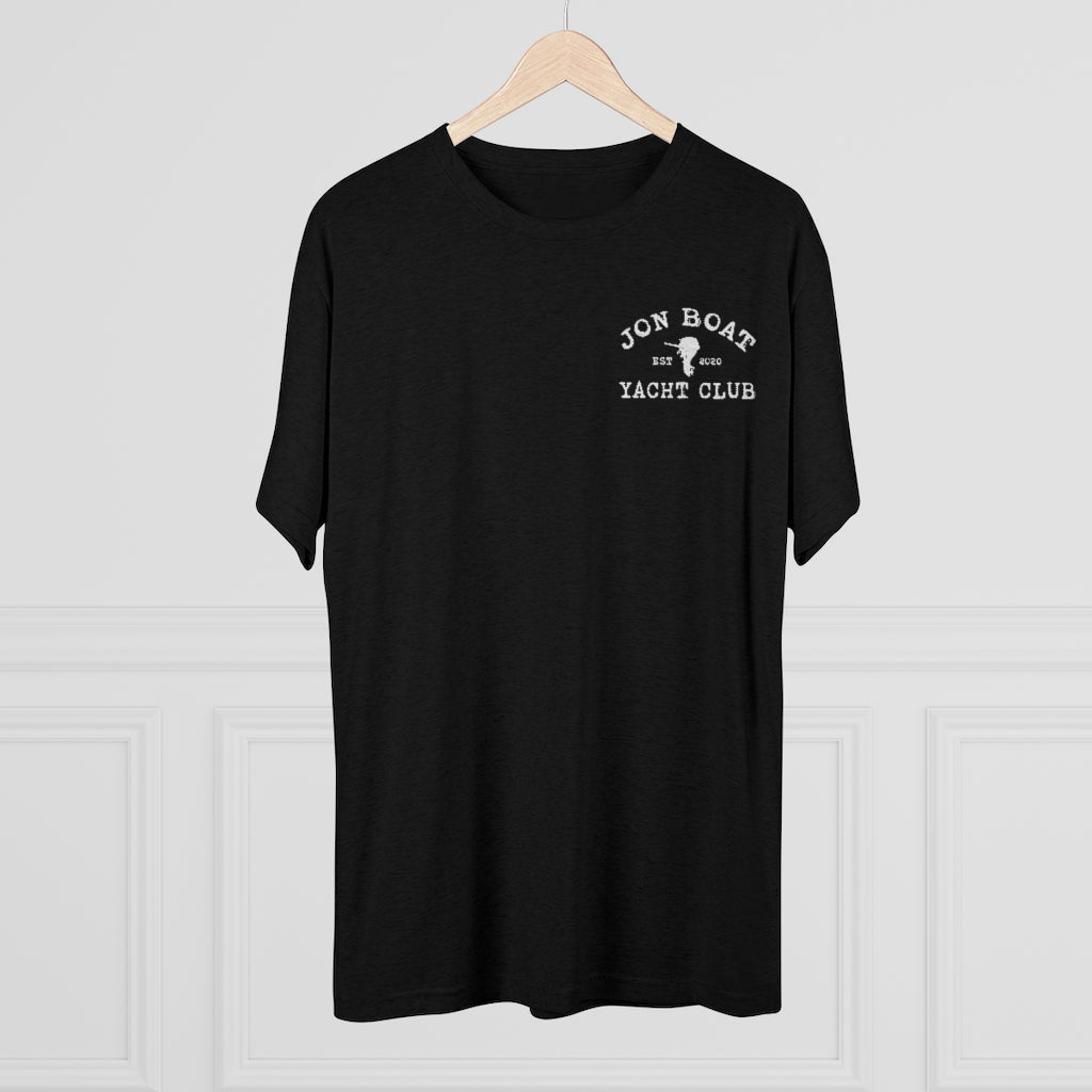 Black tri-blend Jon Boat Yacht Club tee with white logo on a hanger.
