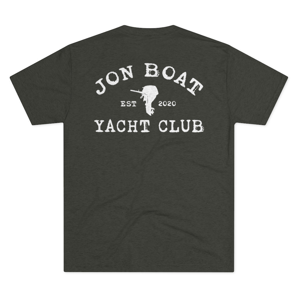 Dark gray tri-blend t-shirt with "Jon Boat Yacht Club" and outboard motor graphic in distressed white.
