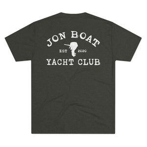 Dark gray tri-blend t-shirt with "Jon Boat Yacht Club" and outboard motor graphic in distressed white.