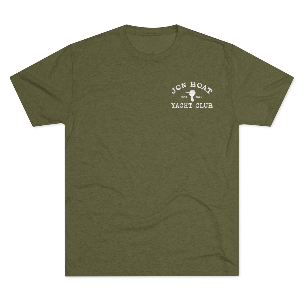Olive green tri-blend Jon Boat Yacht Club tee with white logo on left chest.