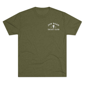 Olive green tri-blend Jon Boat Yacht Club tee with white logo on left chest.