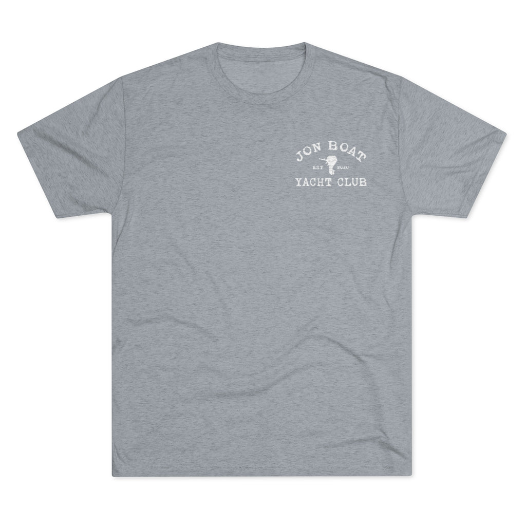 Light gray tri-blend t-shirt with "Jon Boat Yacht Club" logo in white on the left chest.