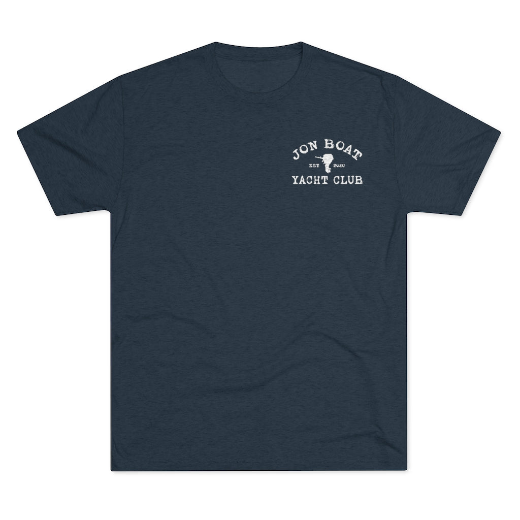 Navy blue tri-blend t-shirt with "Jon Boat Yacht Club" logo and outboard motor graphic on the left chest.