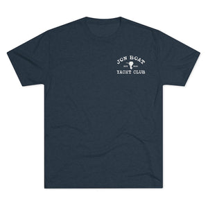 Navy blue tri-blend t-shirt with "Jon Boat Yacht Club" logo and outboard motor graphic on the left chest.