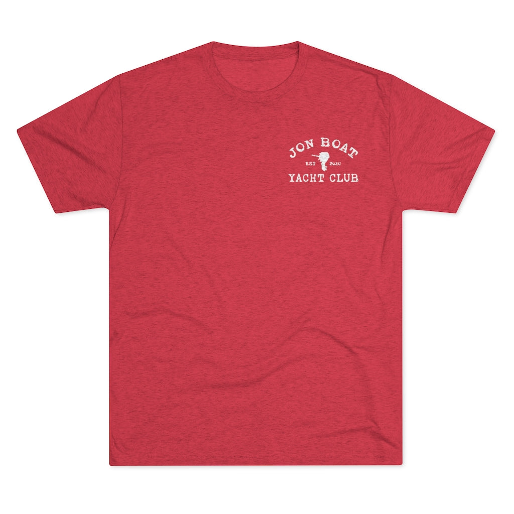 Red tri-blend regular fit t-shirt with "Jon Boat Yacht Club" graphic on the left chest.