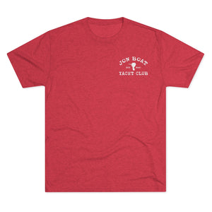 Red tri-blend regular fit t-shirt with "Jon Boat Yacht Club" graphic on the left chest.