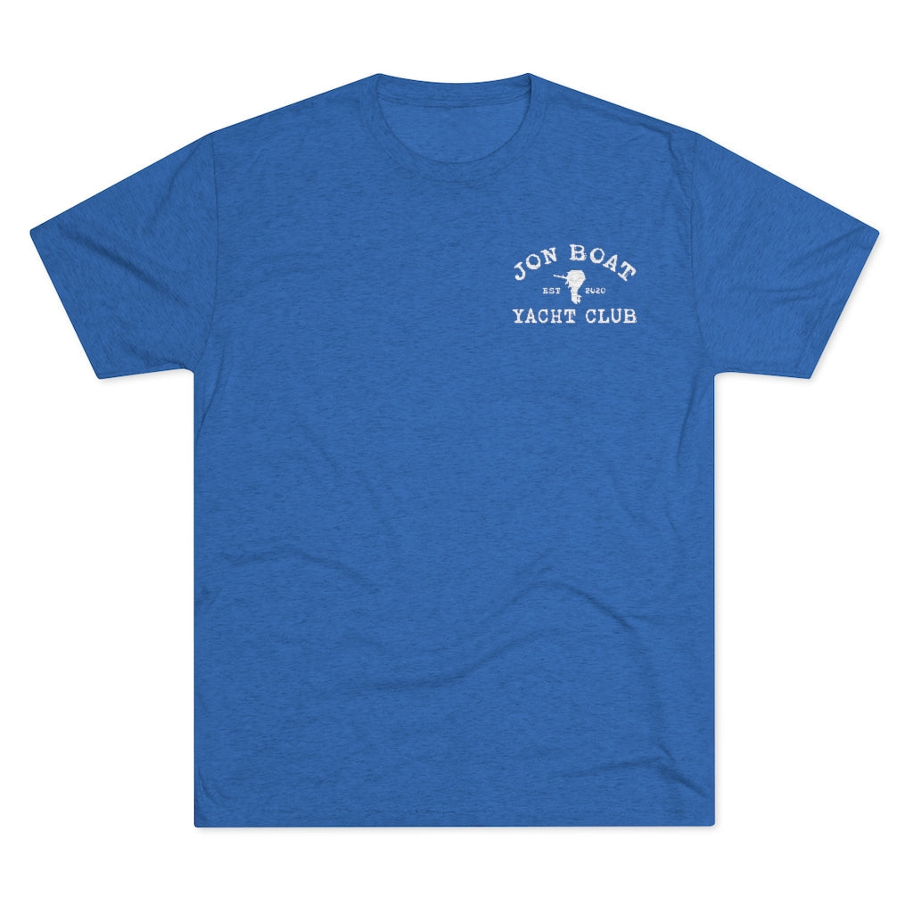 Blue tri-blend Jon Boat Yacht Club t-shirt with white graphic on left chest.