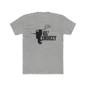 Gray Jon Yacht Ol' Smokey Tee with black outboard motor graphic and distressed text.